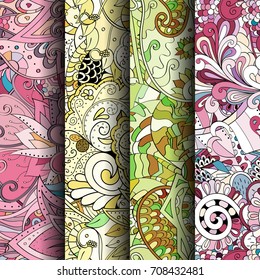Set of tracery colorful seamless patterns. Vertical stripes. Curved doodling backgrounds for textile or printing with mehndi and ethnic motives. Vector
