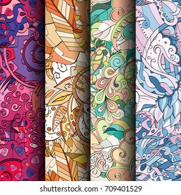 Set of tracery colorful seamless patterns. Vertical stripes. Curved doodling backgrounds for textile or printing with mehndi and ethnic motives. Vector