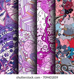 Set of tracery colorful seamless patterns. Vertical stripes. Curved doodling backgrounds for textile or printing with mehndi and ethnic motives. Vector