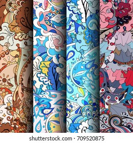 Set of tracery colorful seamless patterns. Vertical stripes. Curved doodling backgrounds for textile or printing with mehndi and ethnic motives. Vector