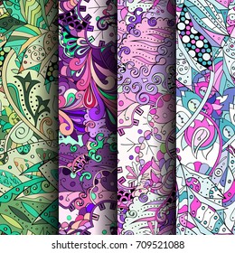 Set of tracery colorful seamless patterns. Vertical stripes. Curved doodling backgrounds for textile or printing with mehndi and ethnic motives. Vector