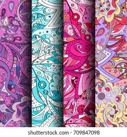 Set of tracery colorful seamless patterns. Vertical stripes. Curved doodling backgrounds for textile or printing with mehndi and ethnic motives. Vector