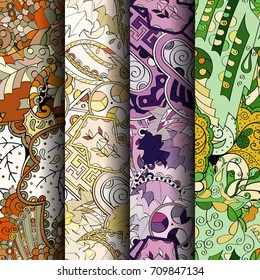 Set of tracery colorful seamless patterns. Vertical stripes. Curved doodling backgrounds for textile or printing with mehndi and ethnic motives. Vector