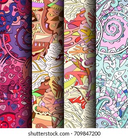 Set of tracery colorful seamless patterns. Vertical stripes. Curved doodling backgrounds for textile or printing with mehndi and ethnic motives. Vector