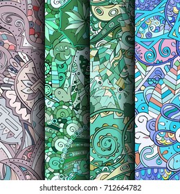 Set of tracery colorful seamless patterns. Vertical stripes. Curved doodling backgrounds for textile or printing with mehndi and ethnic motives. Vector