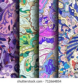 Set of tracery colorful seamless patterns. Vertical stripes. Curved doodling backgrounds for textile or printing with mehndi and ethnic motives. Vector