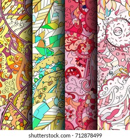 Set of tracery colorful seamless patterns. Vertical stripes. Curved doodling backgrounds for textile or printing with mehndi and ethnic motives. Vector