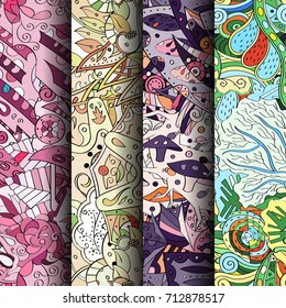 Set of tracery colorful seamless patterns. Vertical stripes. Curved doodling backgrounds for textile or printing with mehndi and ethnic motives. Vector