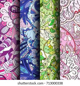 Set of tracery colorful seamless patterns. Vertical stripes. Curved doodling backgrounds for textile or printing with mehndi and ethnic motives. Vector