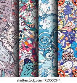 Set of tracery colorful seamless patterns. Vertical stripes. Curved doodling backgrounds for textile or printing with mehndi and ethnic motives. Vector