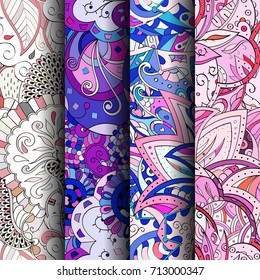 Set of tracery colorful seamless patterns. Vertical stripes. Curved doodling backgrounds for textile or printing with mehndi and ethnic motives. Vector