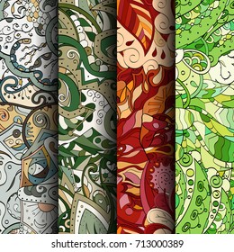 Set of tracery colorful seamless patterns. Vertical stripes. Curved doodling backgrounds for textile or printing with mehndi and ethnic motives. Vector
