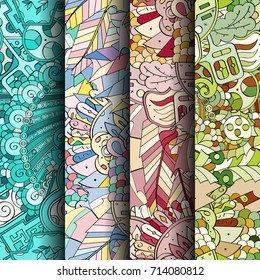 Set of tracery colorful seamless patterns. Vertical stripes. Curved doodling backgrounds for textile or printing with mehndi and ethnic motives. Vector