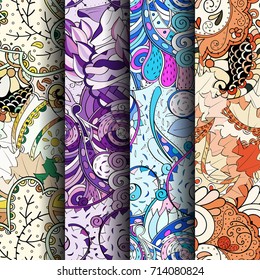 Set of tracery colorful seamless patterns. Vertical stripes. Curved doodling backgrounds for textile or printing with mehndi and ethnic motives. Vector