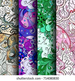 Set of tracery colorful seamless patterns. Vertical stripes. Curved doodling backgrounds for textile or printing with mehndi and ethnic motives. Vector