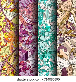 Set of tracery colorful seamless patterns. Vertical stripes. Curved doodling backgrounds for textile or printing with mehndi and ethnic motives. Vector