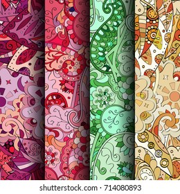 Set of tracery colorful seamless patterns. Vertical stripes. Curved doodling backgrounds for textile or printing with mehndi and ethnic motives. Vector