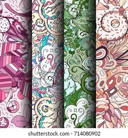 Set of tracery colorful seamless patterns. Vertical stripes. Curved doodling backgrounds for textile or printing with mehndi and ethnic motives. Vector