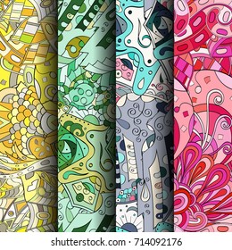 Set of tracery colorful seamless patterns. Vertical stripes. Curved doodling backgrounds for textile or printing with mehndi and ethnic motives. Vector