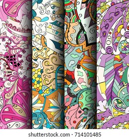 Set of tracery colorful seamless patterns. Vertical stripes. Curved doodling backgrounds for textile or printing with mehndi and ethnic motives. Vector