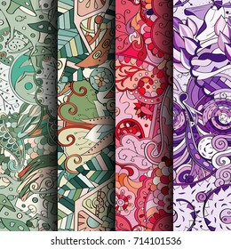 Set of tracery colorful seamless patterns. Vertical stripes. Curved doodling backgrounds for textile or printing with mehndi and ethnic motives. Vector