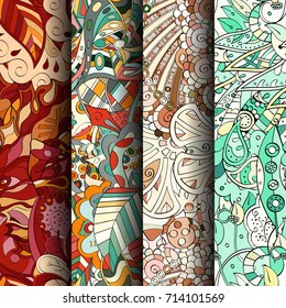 Set of tracery colorful seamless patterns. Vertical stripes. Curved doodling backgrounds for textile or printing with mehndi and ethnic motives. Vector