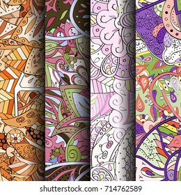 Set of tracery colorful seamless patterns. Vertical stripes. Curved doodling backgrounds for textile or printing with mehndi and ethnic motives. Vector