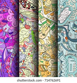 Set of tracery colorful seamless patterns. Vertical stripes. Curved doodling backgrounds for textile or printing with mehndi and ethnic motives. Vector