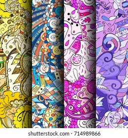 Set of tracery colorful seamless patterns. Vertical stripes. Curved doodling backgrounds for textile or printing with mehndi and ethnic motives. Vector