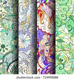 Set of tracery colorful seamless patterns. Vertical stripes. Curved doodling backgrounds for textile or printing with mehndi and ethnic motives. Vector