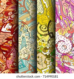 Set of tracery colorful seamless patterns. Vertical stripes. Curved doodling backgrounds for textile or printing with mehndi and ethnic motives. Vector