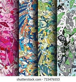 Set of tracery colorful seamless patterns. Vertical stripes. Curved doodling backgrounds for textile or printing with mehndi and ethnic motives. Vector