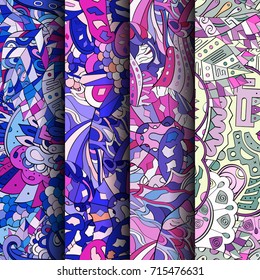 Set of tracery colorful seamless patterns. Vertical stripes. Curved doodling backgrounds for textile or printing with mehndi and ethnic motives. Vector