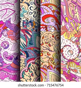 Set of tracery colorful seamless patterns. Vertical stripes. Curved doodling backgrounds for textile or printing with mehndi and ethnic motives. Vector