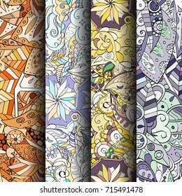 Set of tracery colorful seamless patterns. Vertical stripes. Curved doodling backgrounds for textile or printing with mehndi and ethnic motives. Vector