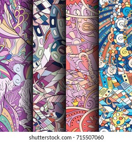 Set of tracery colorful seamless patterns. Vertical stripes. Curved doodling backgrounds for textile or printing with mehndi and ethnic motives. Vector