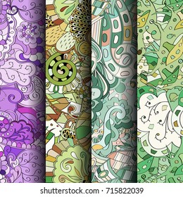 Set of tracery colorful seamless patterns. Vertical stripes. Curved doodling backgrounds for textile or printing with mehndi and ethnic motives. Vector