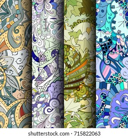 Set of tracery colorful seamless patterns. Vertical stripes. Curved doodling backgrounds for textile or printing with mehndi and ethnic motives. Vector