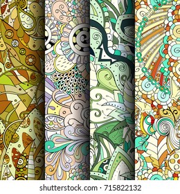 Set of tracery colorful seamless patterns. Vertical stripes. Curved doodling backgrounds for textile or printing with mehndi and ethnic motives. Vector