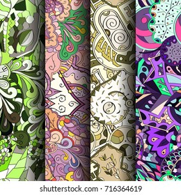 Set of tracery colorful seamless patterns. Vertical stripes. Curved doodling backgrounds for textile or printing with mehndi and ethnic motives. Vector