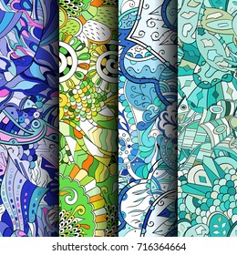 Set of tracery colorful seamless patterns. Vertical stripes. Curved doodling backgrounds for textile or printing with mehndi and ethnic motives. Vector