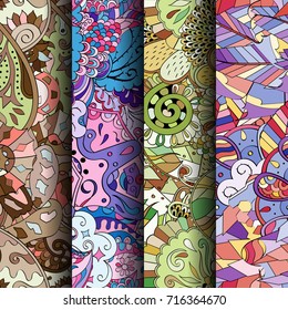 Set of tracery colorful seamless patterns. Vertical stripes. Curved doodling backgrounds for textile or printing with mehndi and ethnic motives. Vector