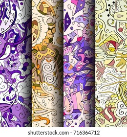 Set of tracery colorful seamless patterns. Vertical stripes. Curved doodling backgrounds for textile or printing with mehndi and ethnic motives. Vector
