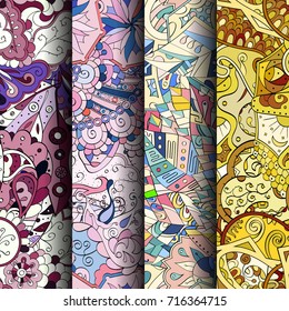 Set of tracery colorful seamless patterns. Vertical stripes. Curved doodling backgrounds for textile or printing with mehndi and ethnic motives. Vector