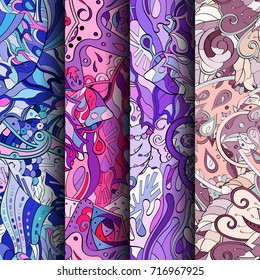 Set of tracery colorful seamless patterns. Vertical stripes. Curved doodling backgrounds for textile or printing with mehndi and ethnic motives. Vector