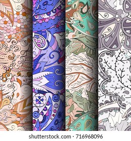 Set of tracery colorful seamless patterns. Vertical stripes. Curved doodling backgrounds for textile or printing with mehndi and ethnic motives. Vector