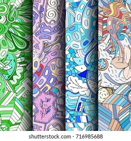 Set of tracery colorful seamless patterns. Vertical stripes. Curved doodling backgrounds for textile or printing with mehndi and ethnic motives. Vector