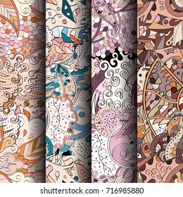 Set of tracery colorful seamless patterns. Vertical stripes. Curved doodling backgrounds for textile or printing with mehndi and ethnic motives. Vector