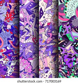 Set of tracery colorful seamless patterns. Vertical stripes. Curved doodling backgrounds for textile or printing with mehndi and ethnic motives. Vector