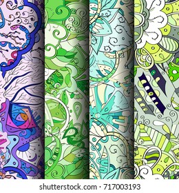 Set of tracery colorful seamless patterns. Vertical stripes. Curved doodling backgrounds for textile or printing with mehndi and ethnic motives. Vector